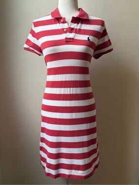 Polo Ralph Lauren The Mesh Mini Coral Pink White Striped Polo Dress M